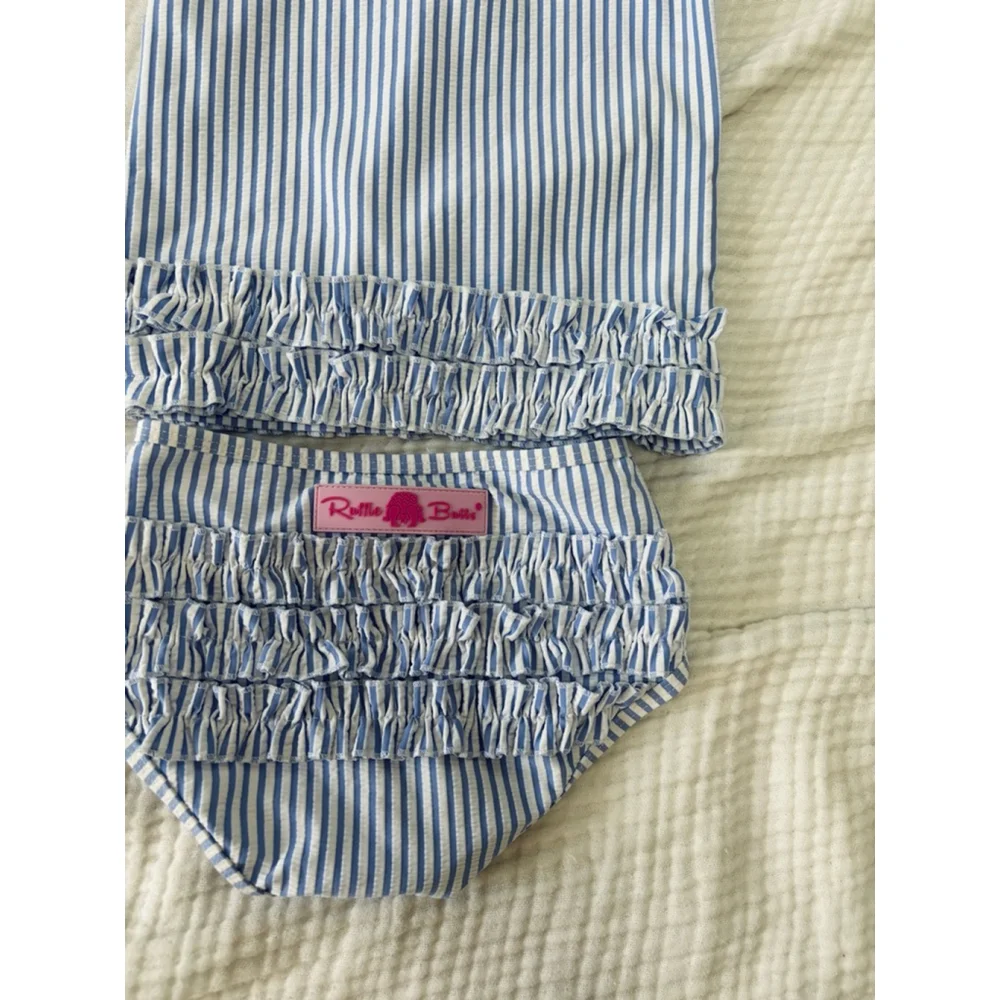 Girls RuffleButts Rashguard Swim Set 4T Blue White Striped